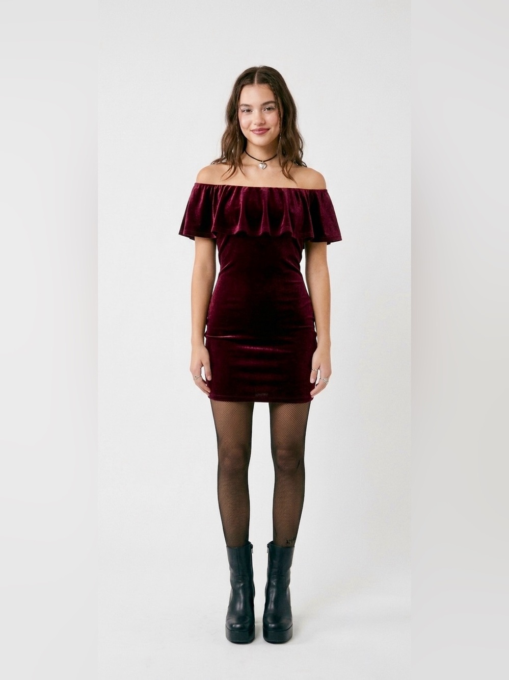 Forever 21 Burgundy Velvet Off-The-Shoulder Ruffle Mini Dress Large